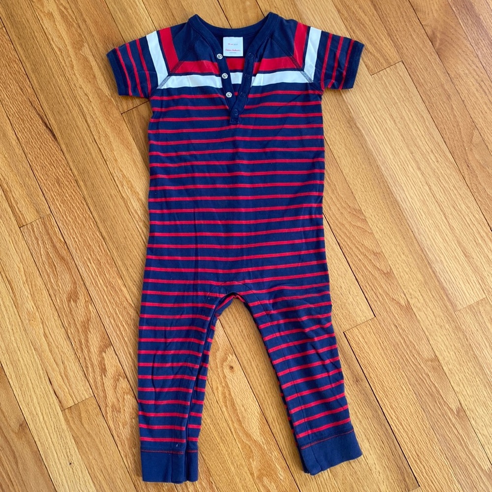 Hanna Andersson one-piece striped romper with snap details on top and bottom